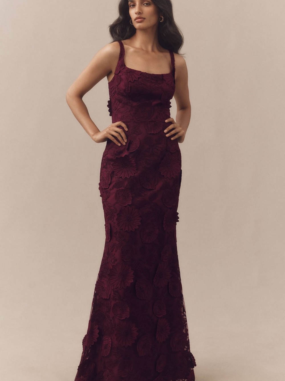 Dress The Population Dark Cherry Floral Appliqué Mermaid Gown